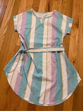 Pastel Stripe Tie-Waist Swim Coverup -Blue, Lilac & White